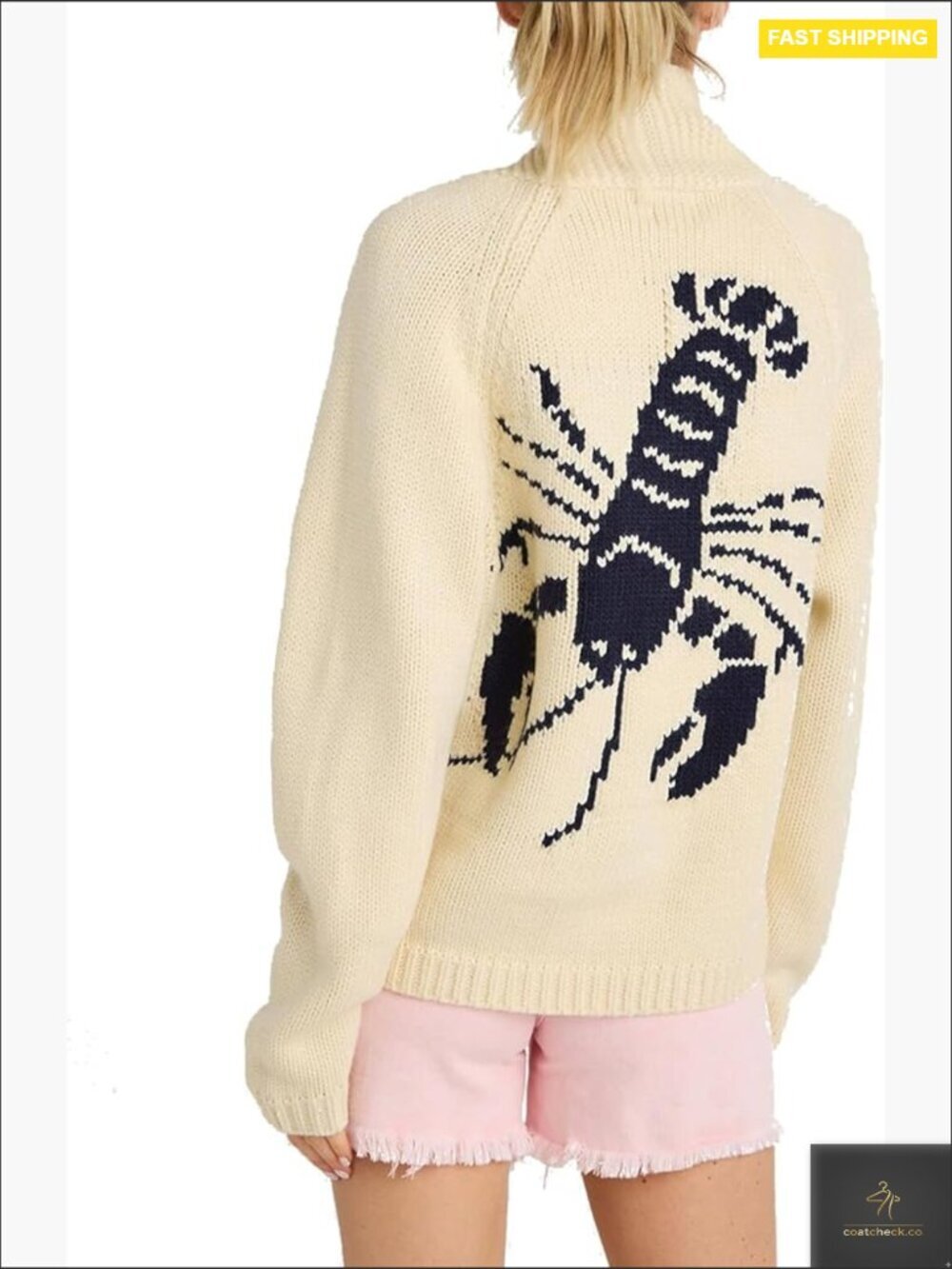 Lobster Print Long Sleeve Cardigan Sweater Loose Fit V-Neck Button Down Knit